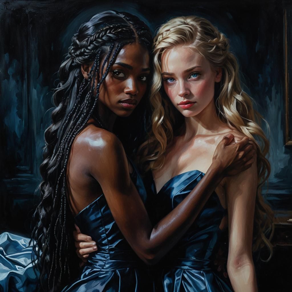 Two Women in Flowing Dresses: An Oil Painting