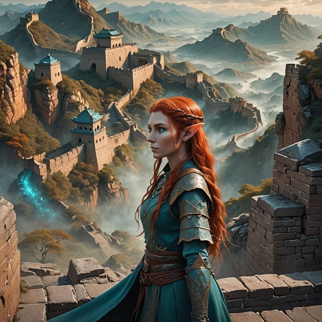 Elf Girl on Great Wall in Fantasy Art Style