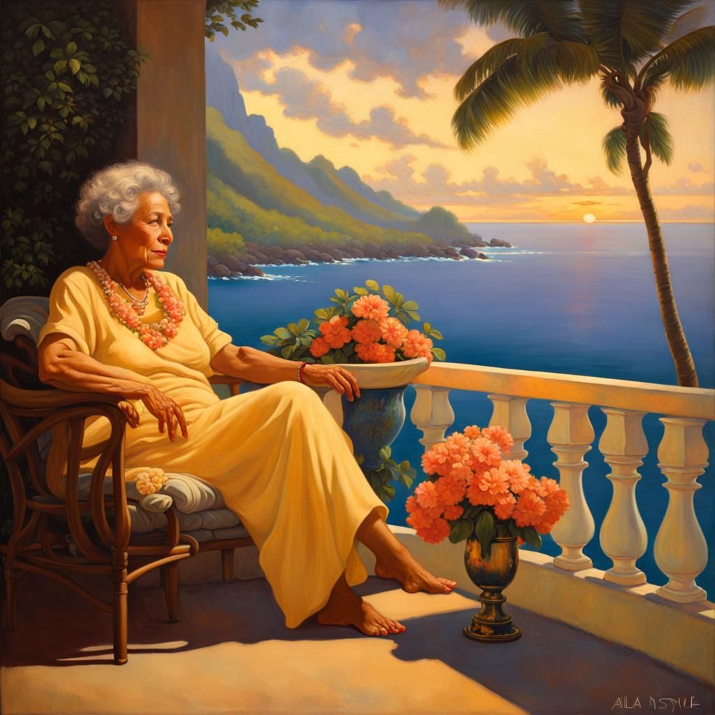 Hawaiian Woman on Lanai: Alla Prima Oil Painting