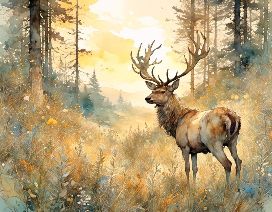 Stag in Polychromous Summer Meadow