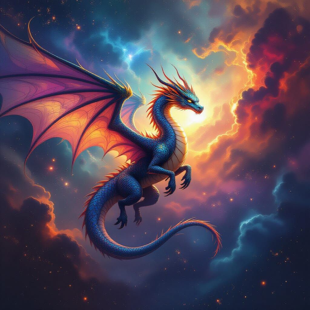 Celestial Dragon Soaring Through Nebula in Dark Fantasy Styl...
