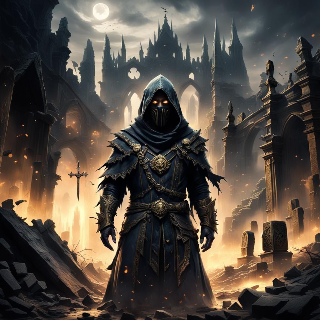 Hooded Figure in Ruined Cityscape, Digital Art