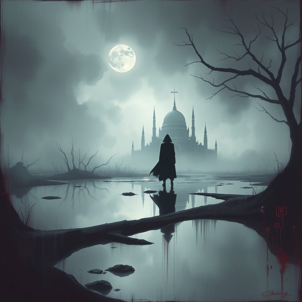 Dark Surreal Landscape with Sinister Reflections