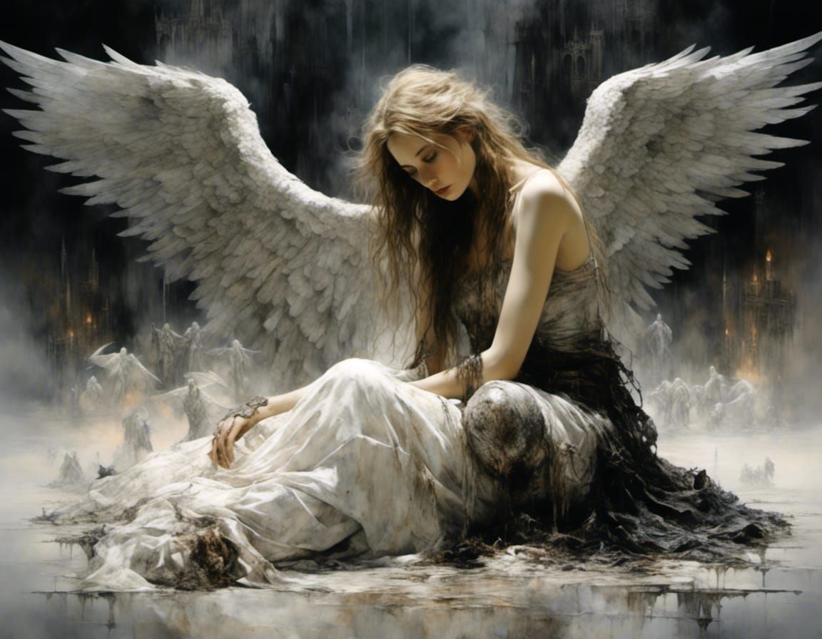 Surreal Battle Scene with Luminous Angels in Darkened Space