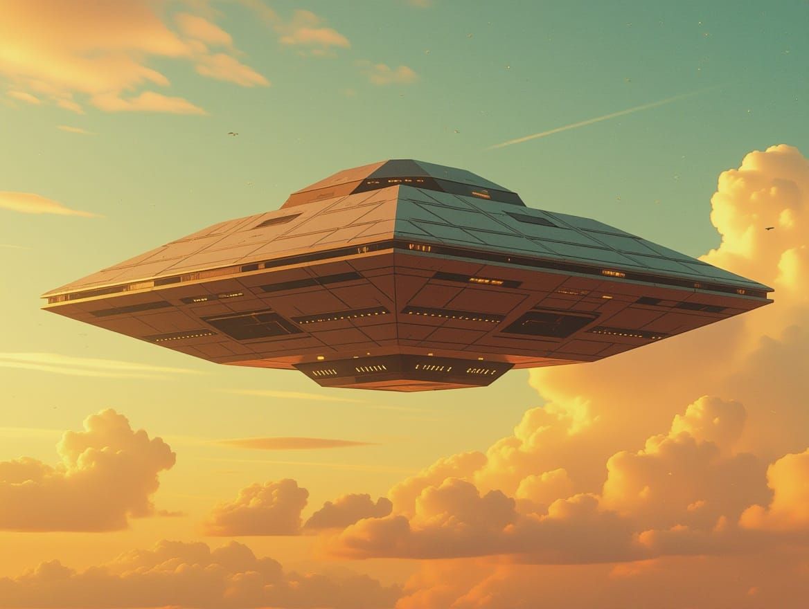 Retrofuturistic Square UFO in Distressed Vintage Sky