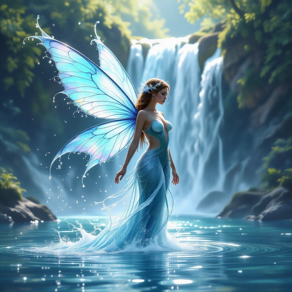 Surreal Water Nymph Emerging From Waterfall