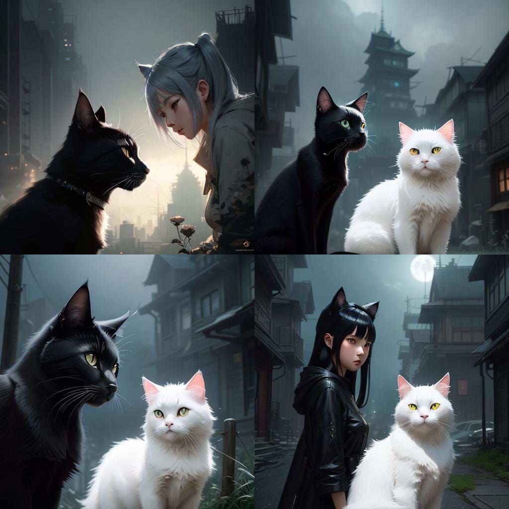 Black and White Cats in Anime Style