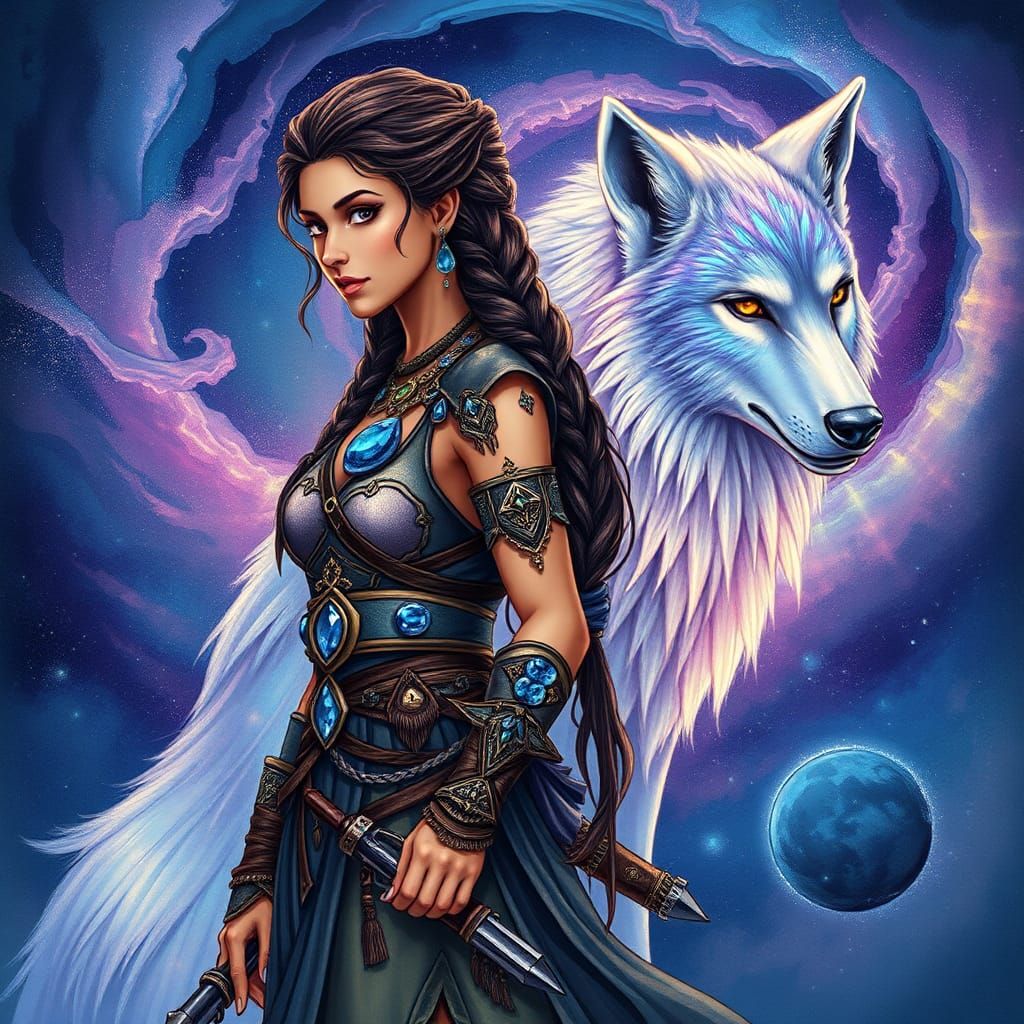 Celestial Warrior and Iridescent Wolf in Astral Dreamscape