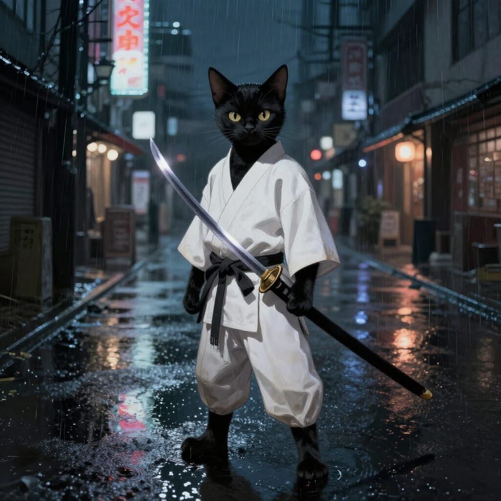 Black Cat Samurai Warrior on Dangerous Night Street