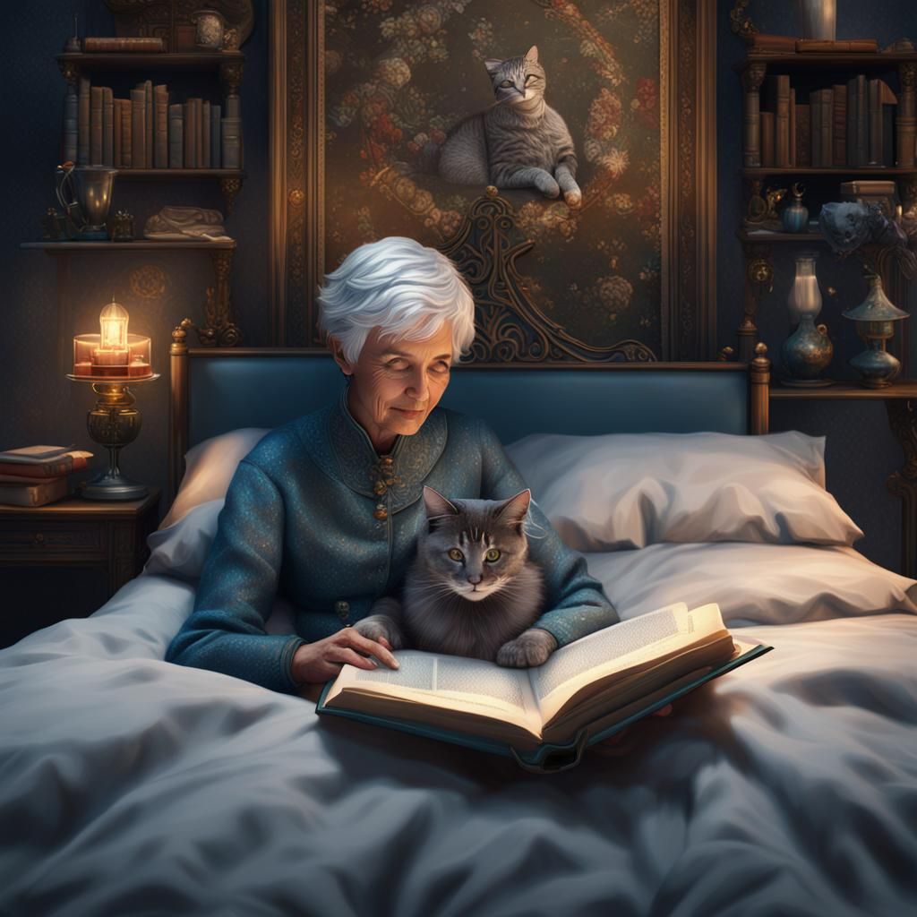 Cozy Reading Scene with Cat, Fantasy Concept Art