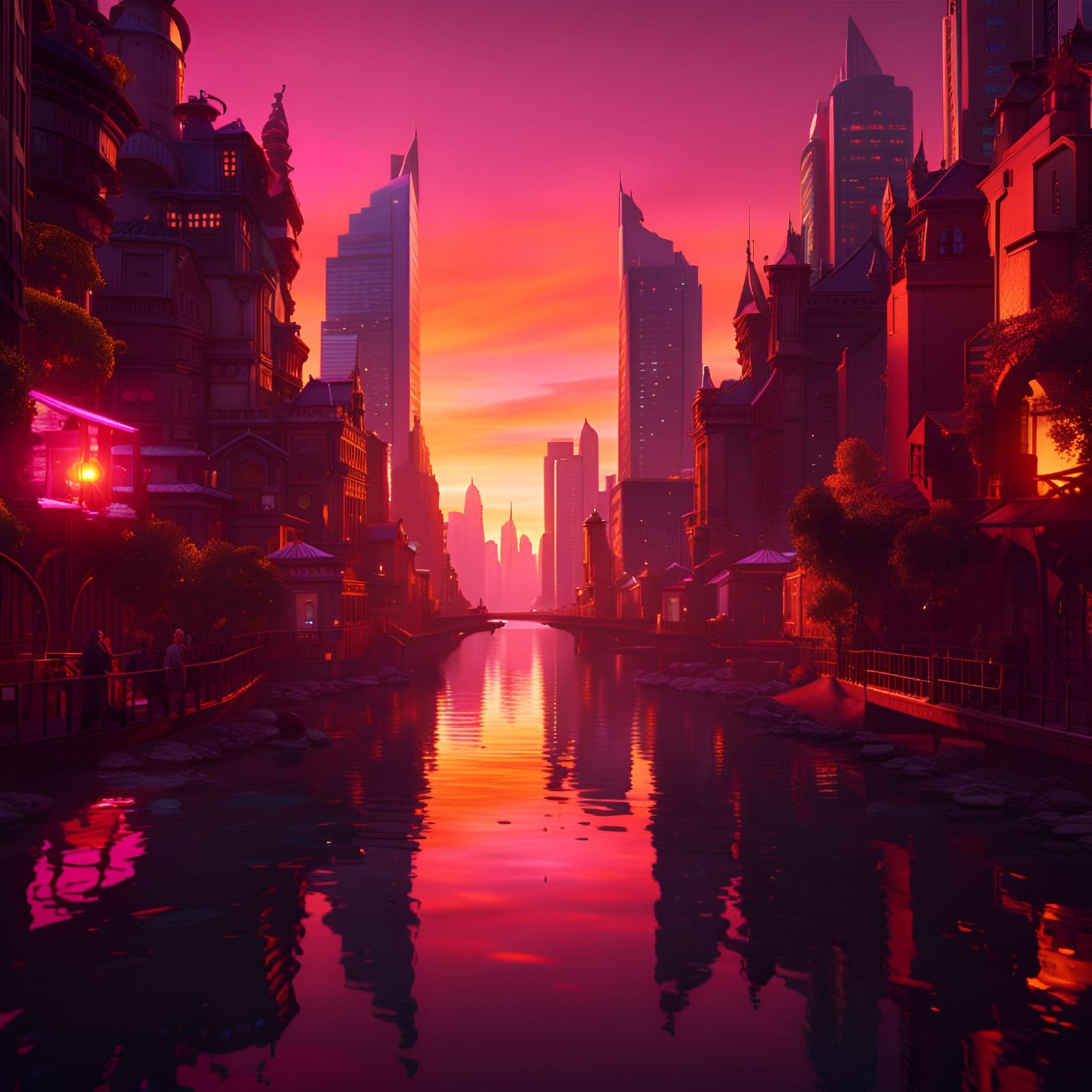 Fantastical Cityscape at Sunset in Detailed Matte Painting