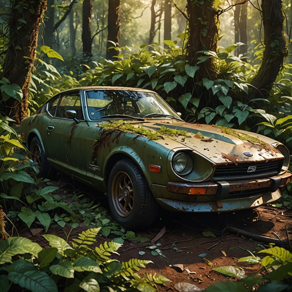 Datsun 280z Reclaimed by Nature: Photorealistic Digital Art