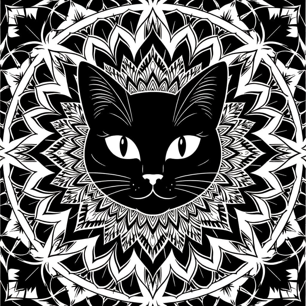 Tom Cat Black and White Mandala Portrait