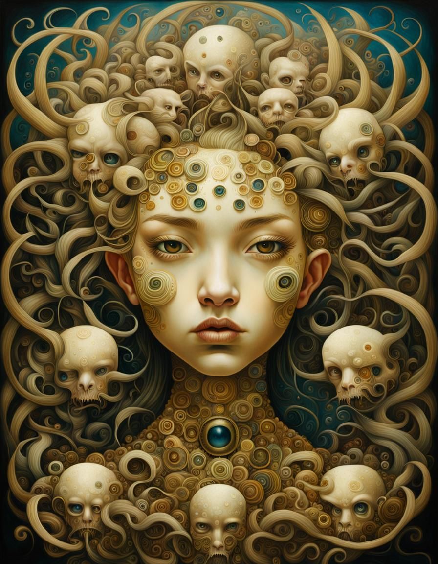 Surrealist Woman Surrounded by Faces and Branches