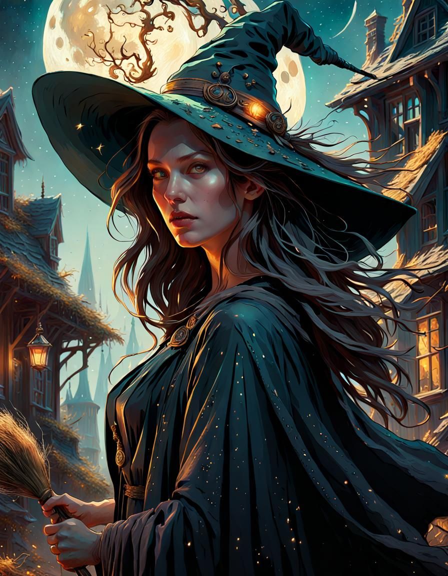 Cosmic Witch with Broom: Hyperdetailed Matte Painting