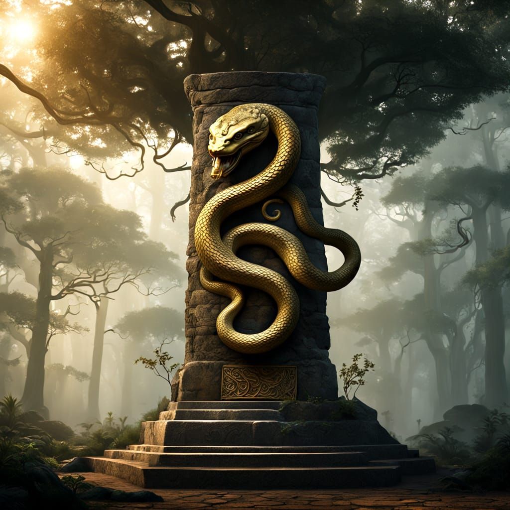 Serpent Coiled in Ancient Mystical Forest