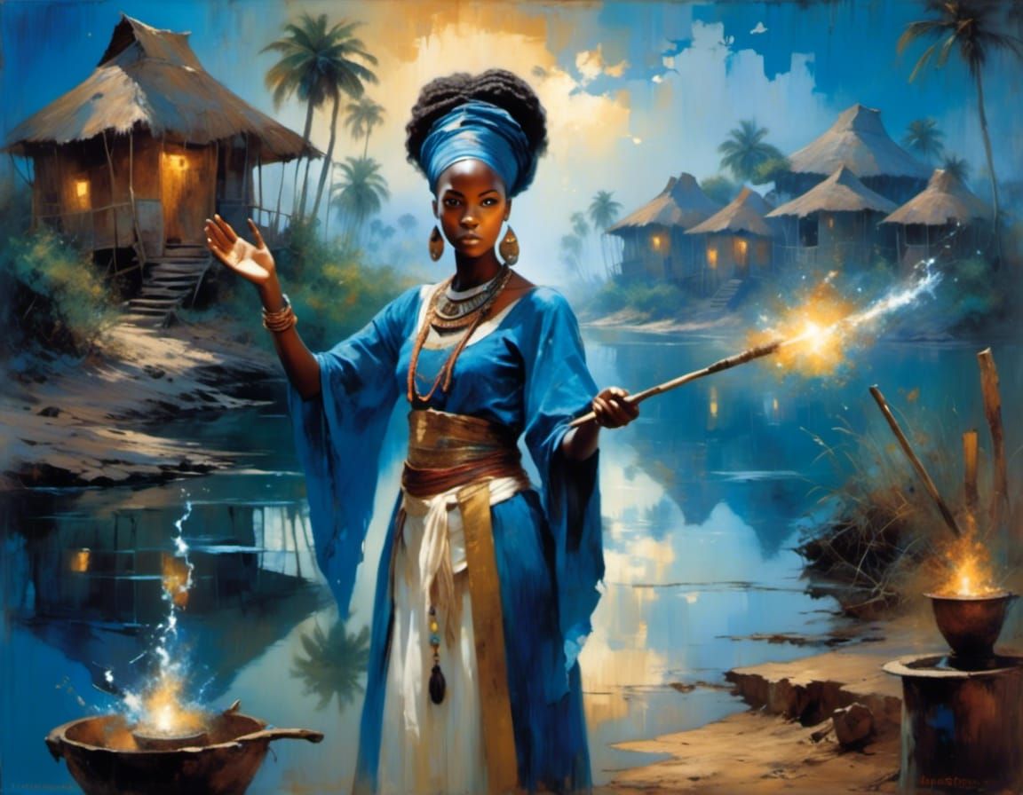African Sorceress Casting Spell in Surreal Oasis