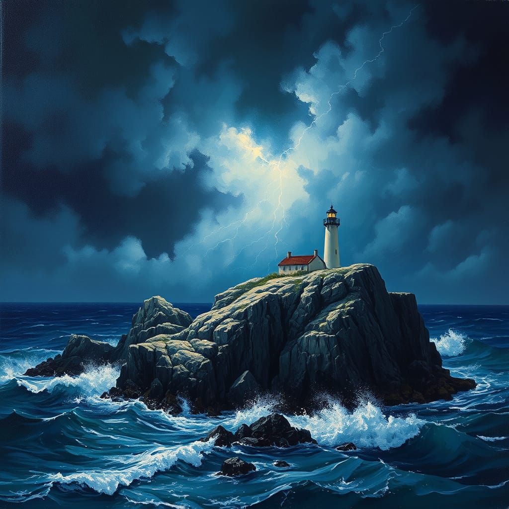 Lighthouse in Stormy Seas, Oil Painting Style