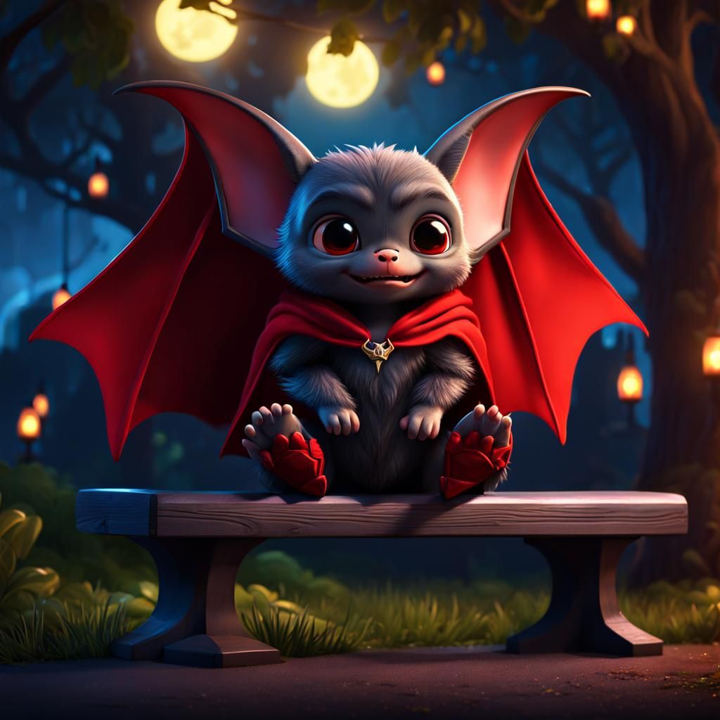 Cute Cartoon Vampire Bat in Park at Night