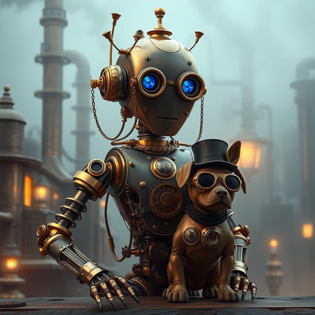 Steampunk Masterpiece: Vintage Robot and Companion in Elegan...