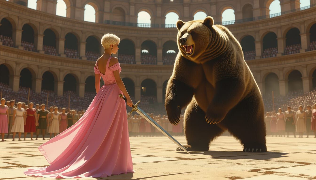 Amazonian Woman Facing Bear in Ancient Colosseum