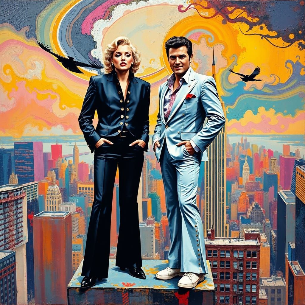 Marilyn Monroe and Elvis Presley in a Vibrant NYC Rooftop Sc...