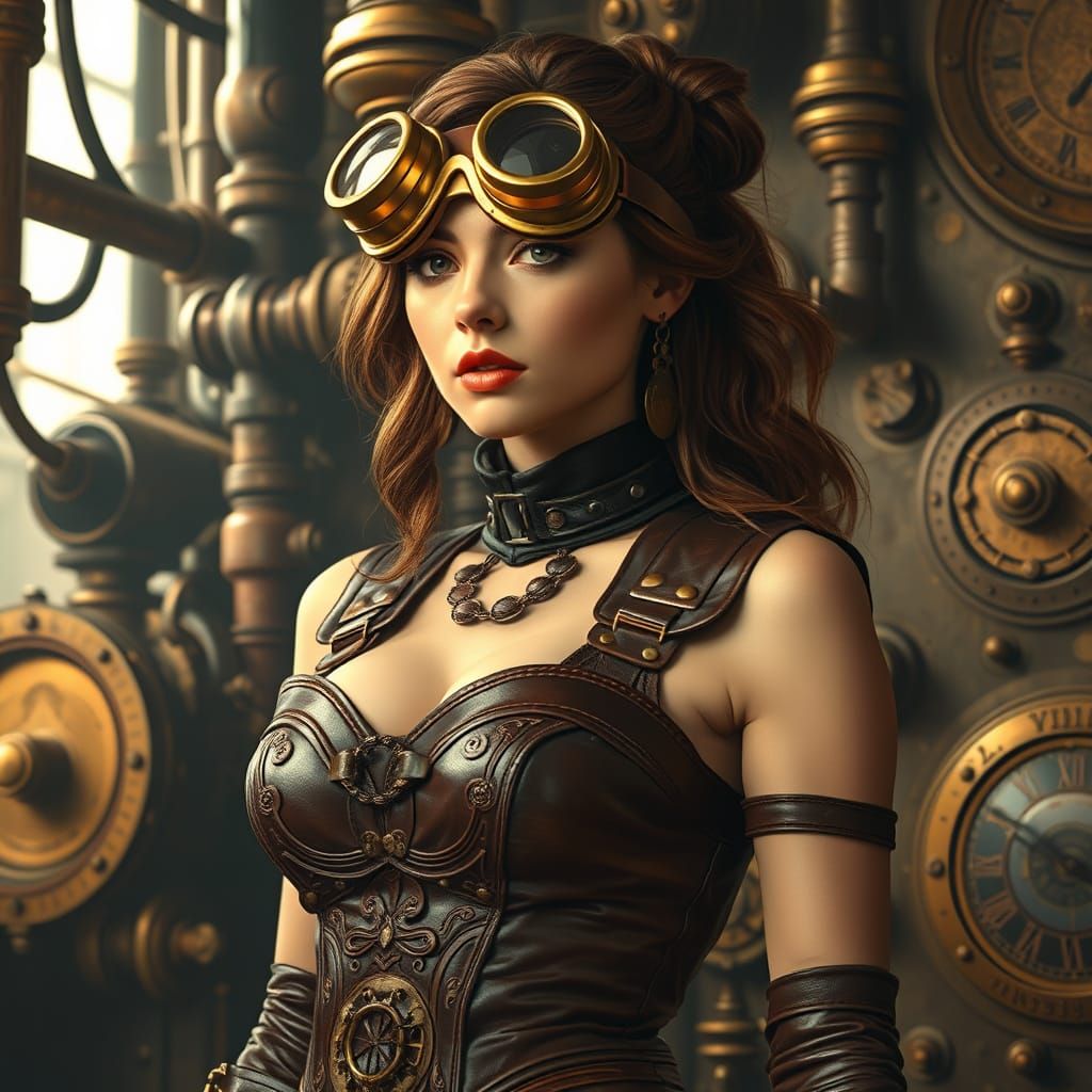 Steampunk Woman with Clockwork Machinery and Brass Goggles