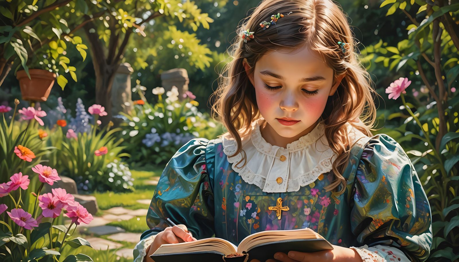 Girl Reads Bible in Vibrant Garden