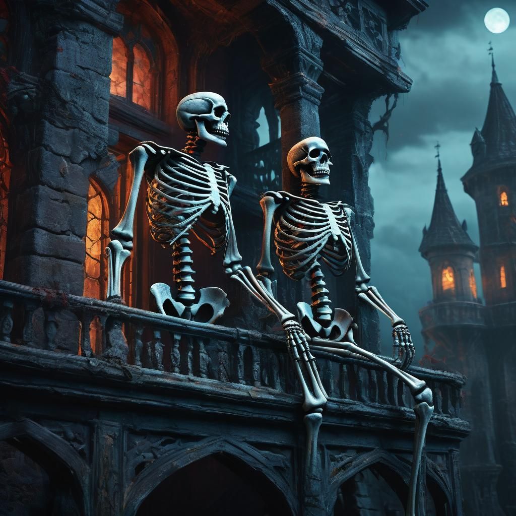 Skeleton Fight on Haunted Castle Balcony in Oil Painting Sty...
