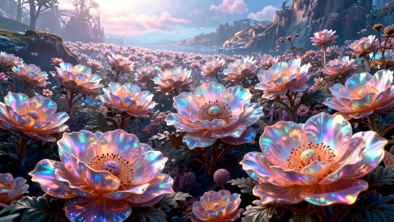 Iridescent Holographic Floral Landscape