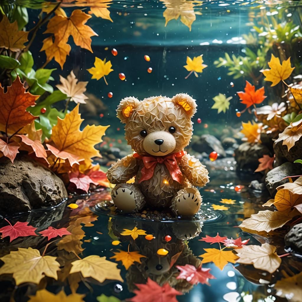 Translucent Aquarium Teddy Bear with Autumn Leaves