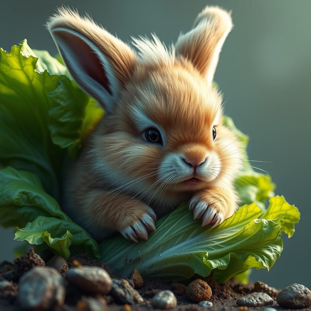 Whimsical Bunny on Steel Lettuce in Vibrant Fantasy Art
