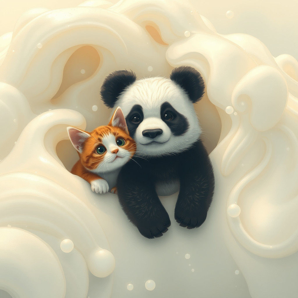 Playful Panda and Cat Peeking from Whimsical Foam
