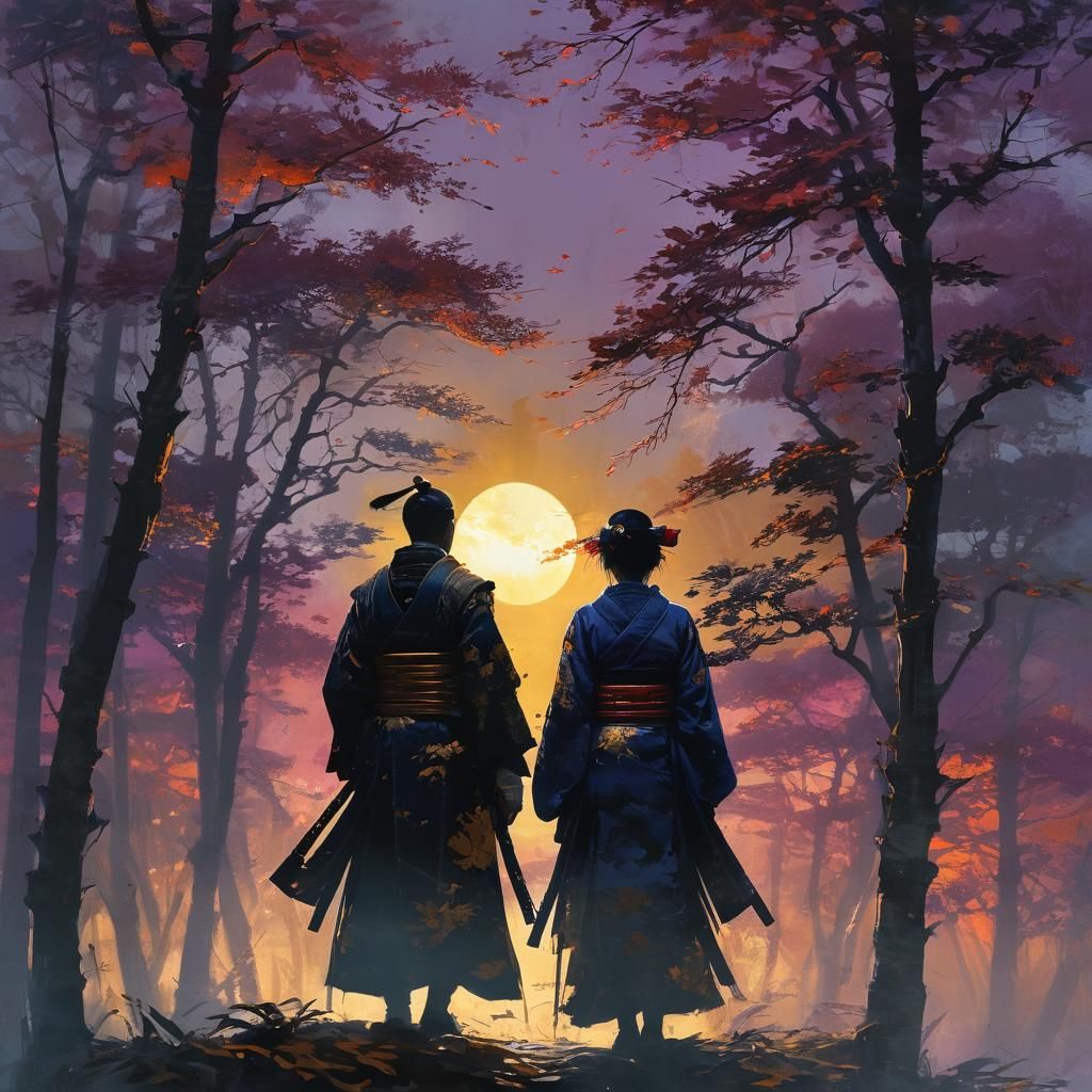 a Samurai warrior and a Geisha silhouetted face against a pu...