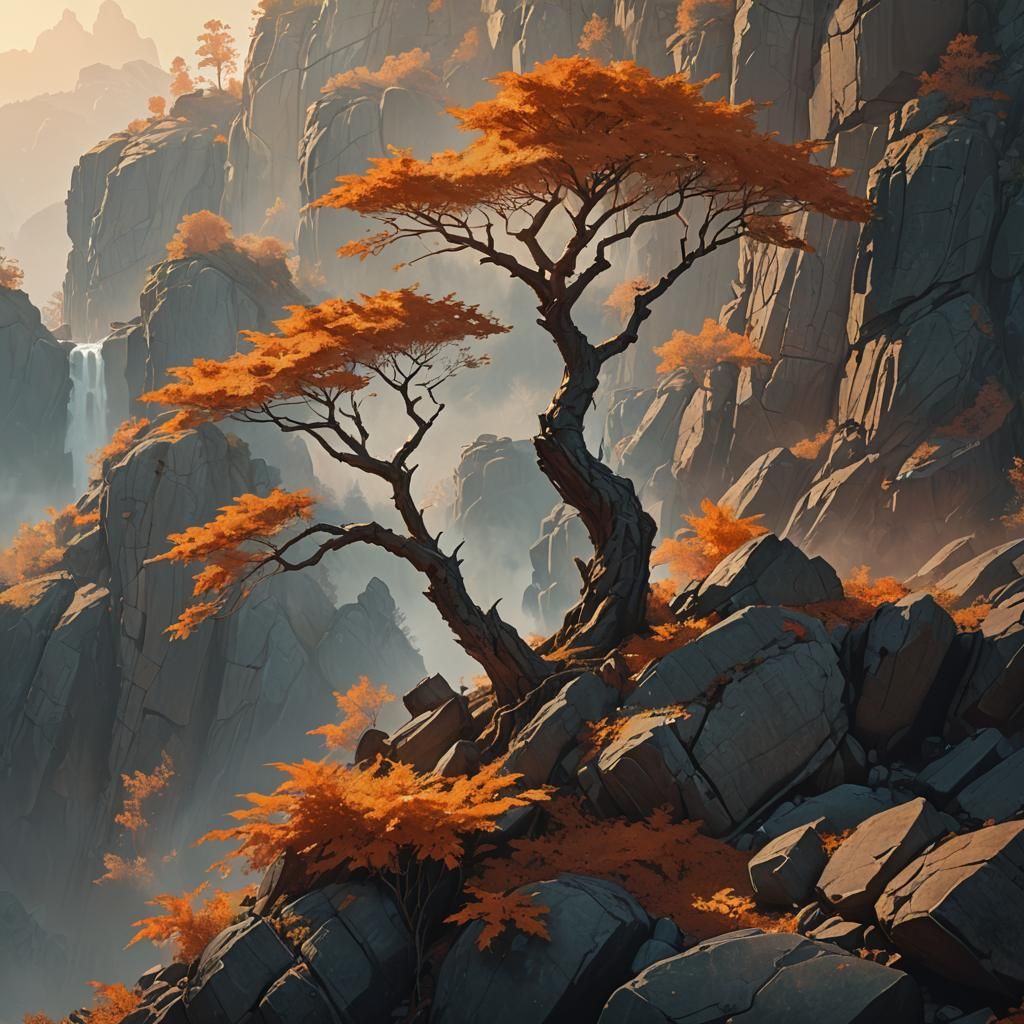 Majestic Tree on Rock Formation in Golden Light