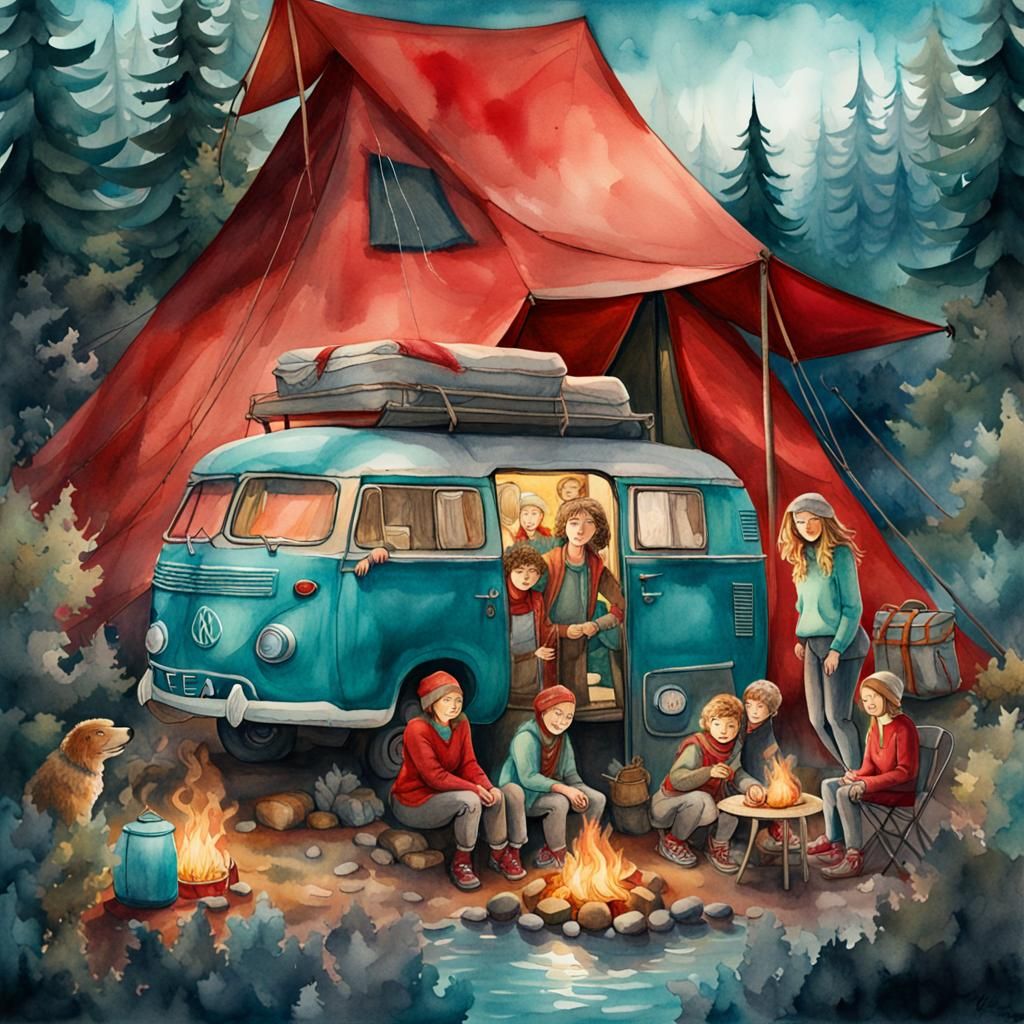 Family Camping Holiday in Atmospheric Watercolour Style