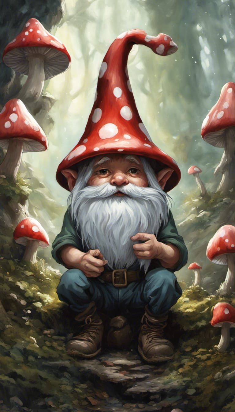 Hyperrealistic Gnome in Mushroom Hat: Anime Style
