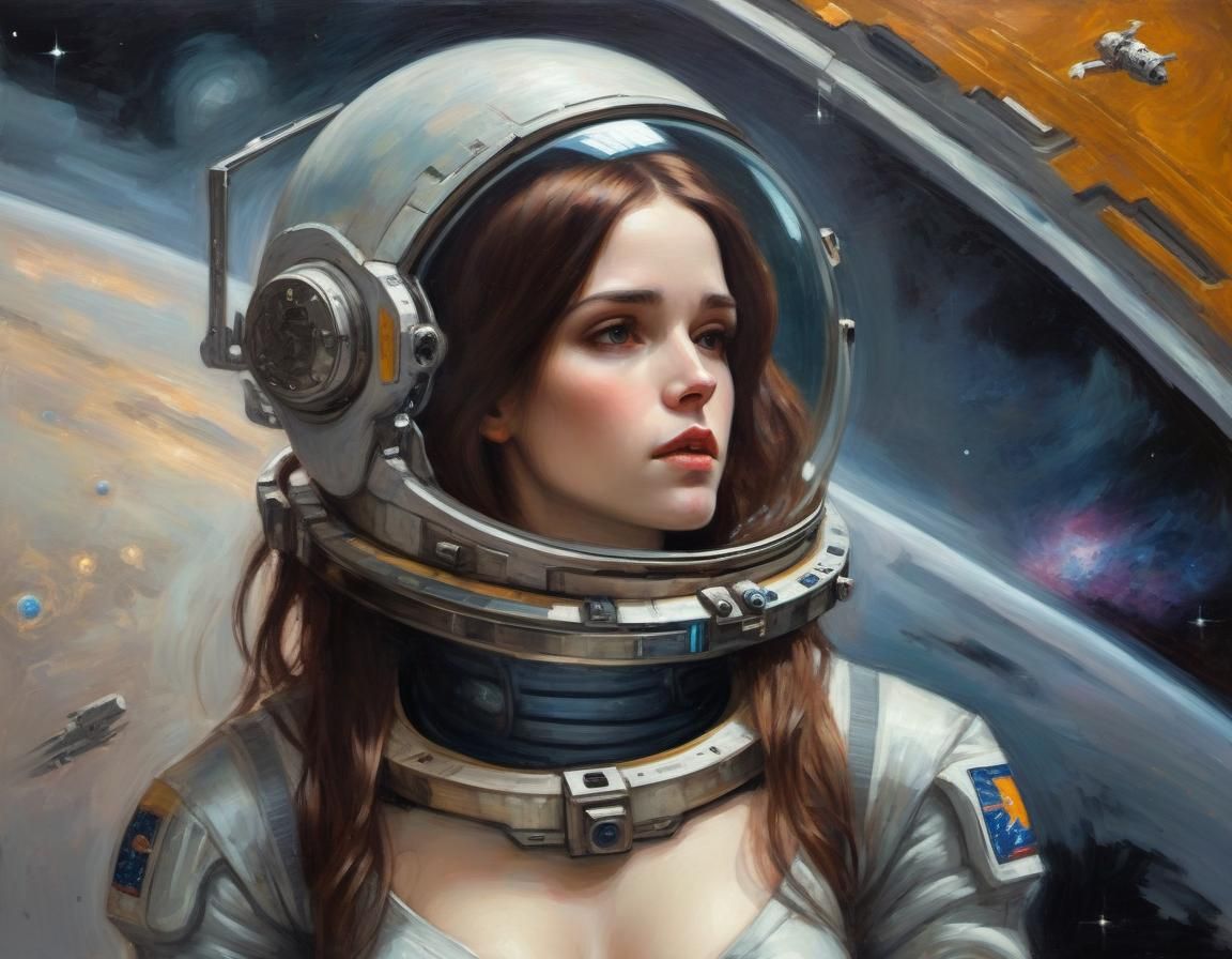 Android Woman in Space, Oil Painting Style