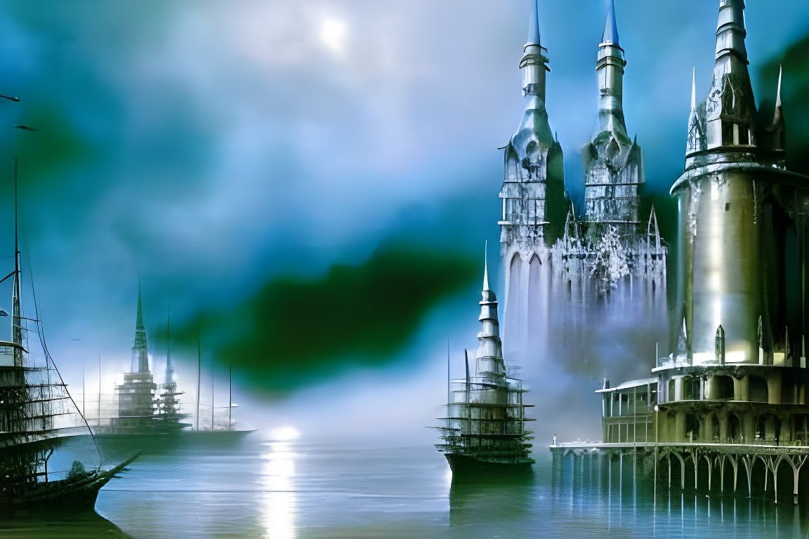 Medieval Coastal City in Rain, Gothic Fantasy Art