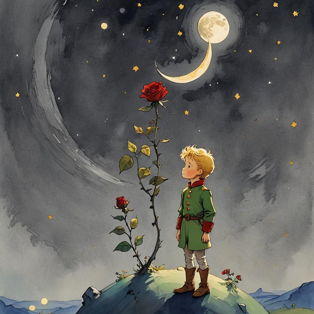 Little Prince and Red Rose at Moonrise