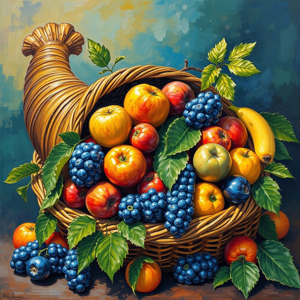 Cornucopia Harvest Basket in Maximalist Gouache Style