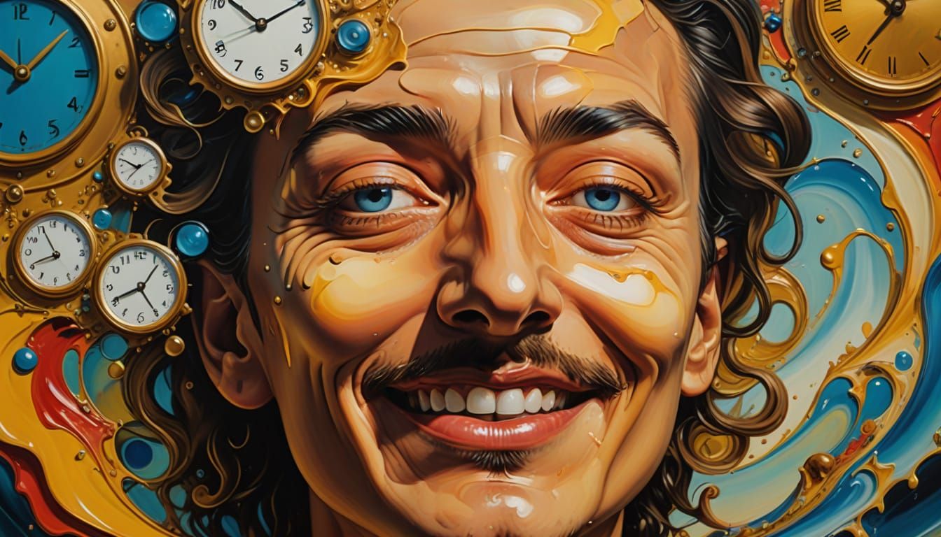 Surreal Smile with Melting Clocks in Vibrant Dreamscapes