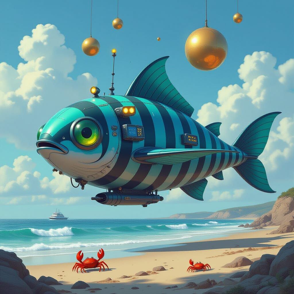 Fish Airship with Golden Spheres in Retro-Futuristic Style