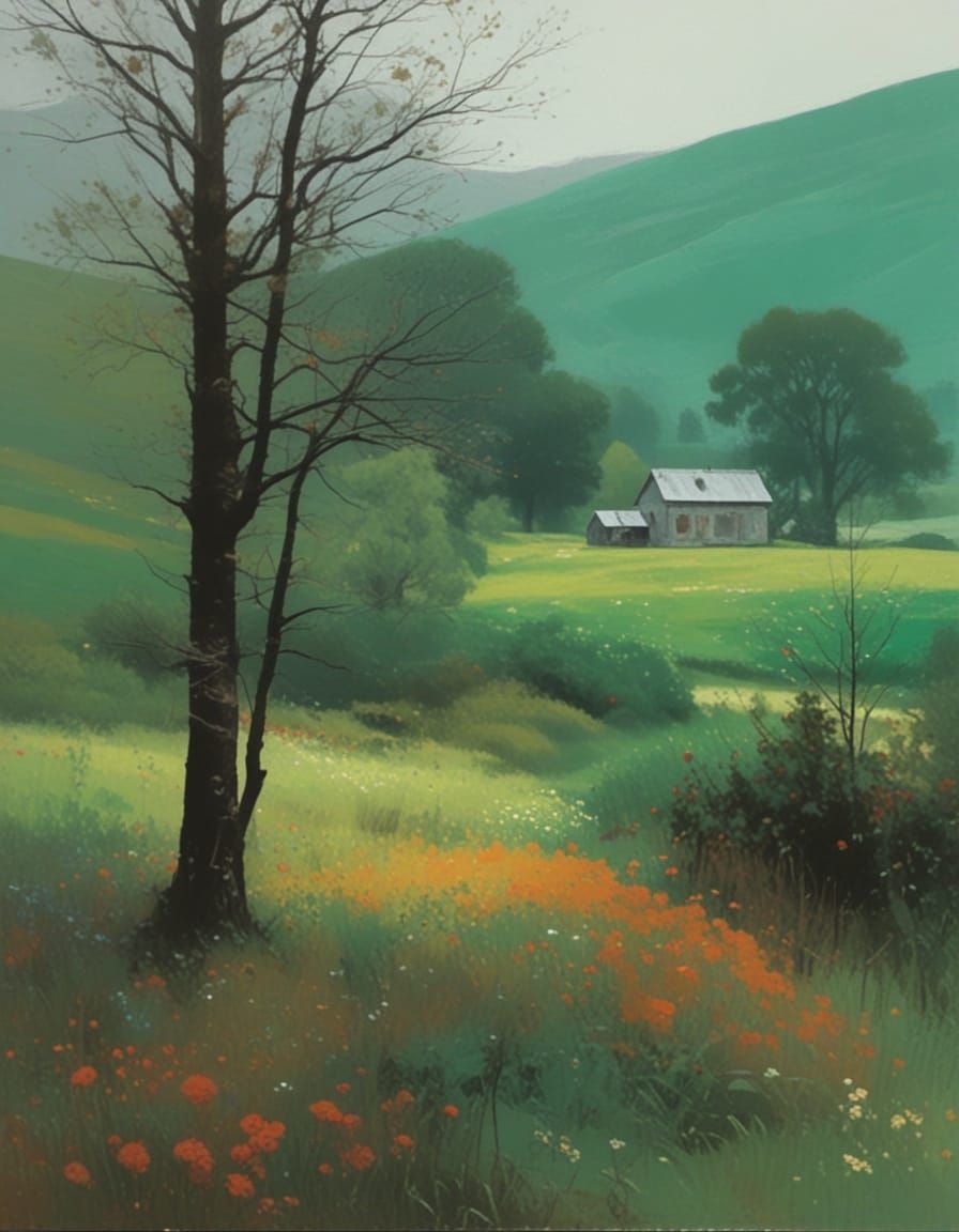 Muted Green Landscape with Painterly House and Flowers