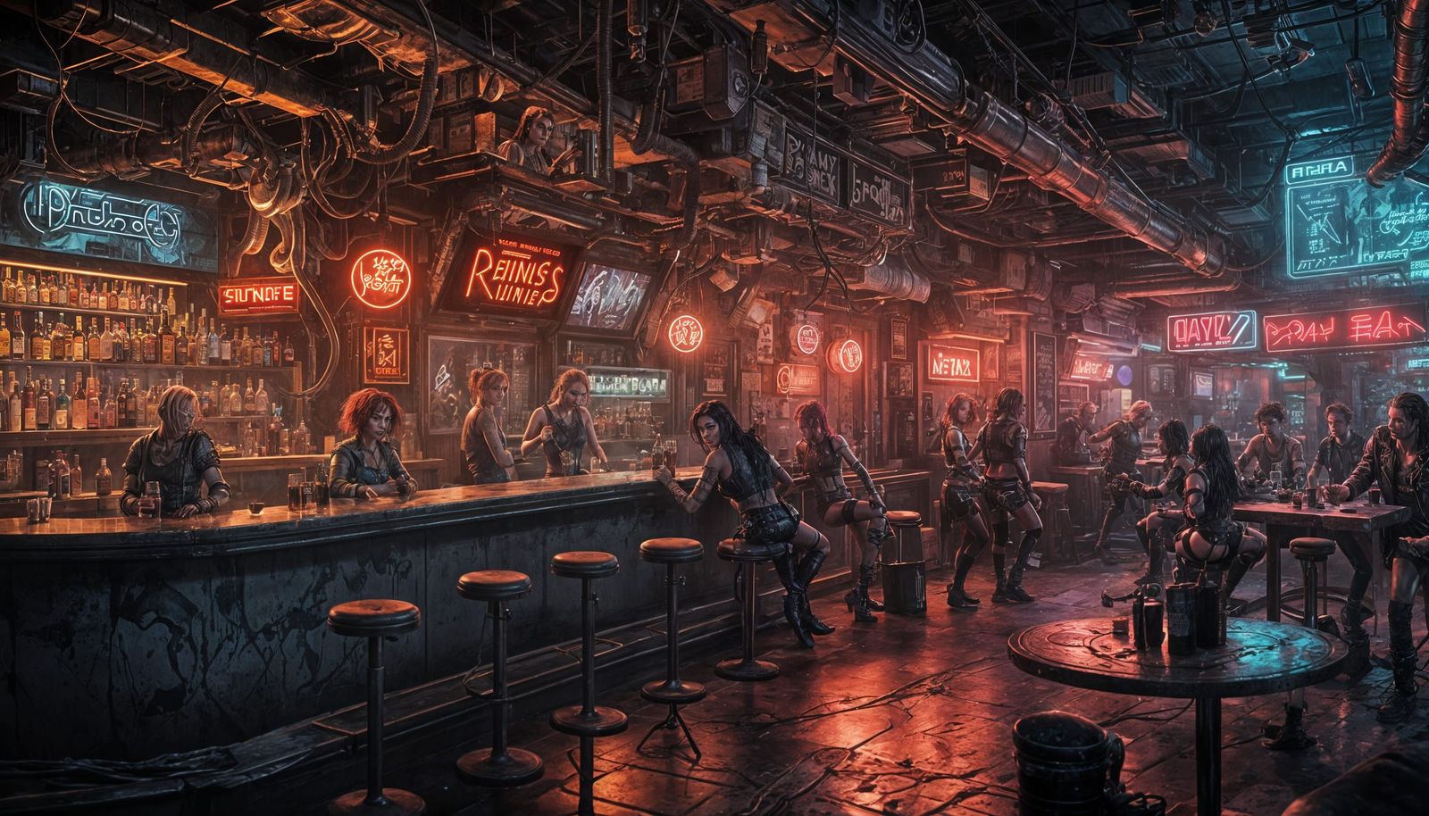 Cyberpunk Group Gather at a Smoky Bar