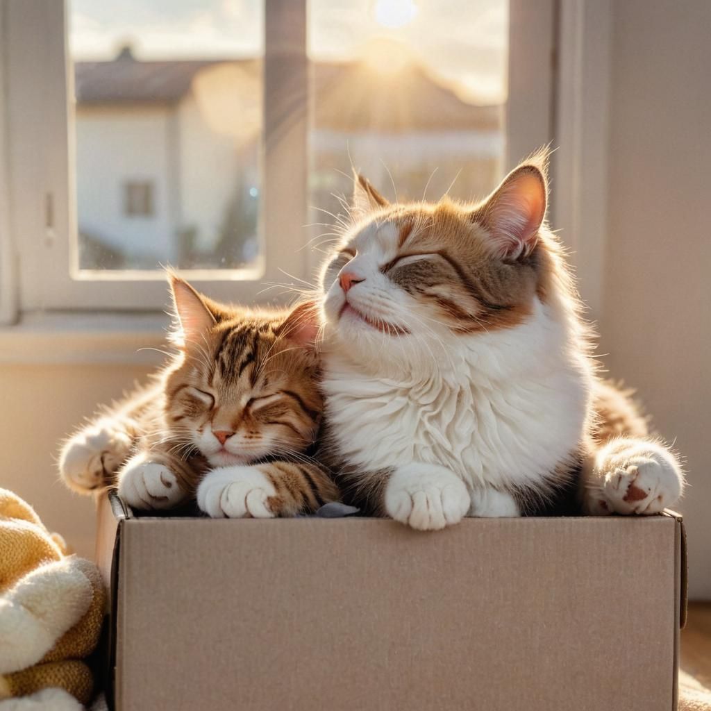 Sunlit Kitten Sleeping Peacefully in a Box