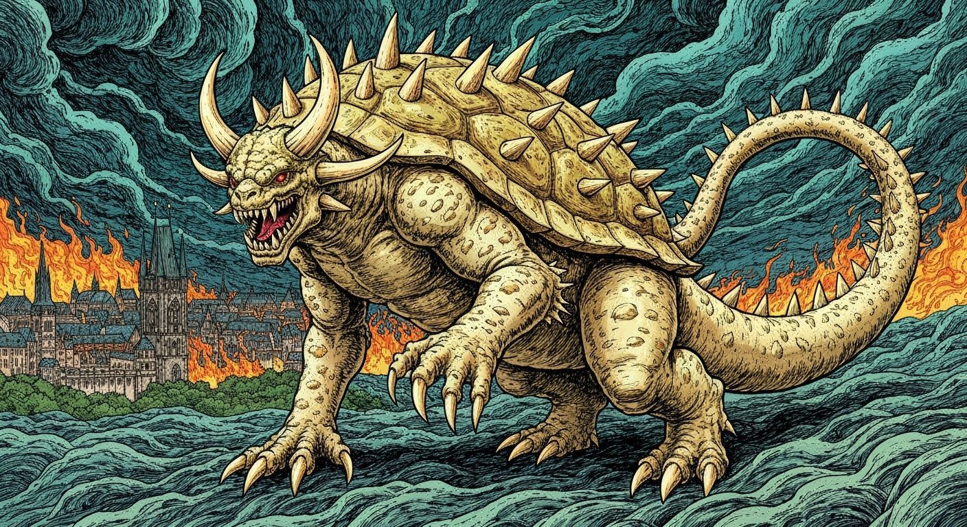 Tarrasque Rampage: Fiery Kingdom Under Indigo Sky