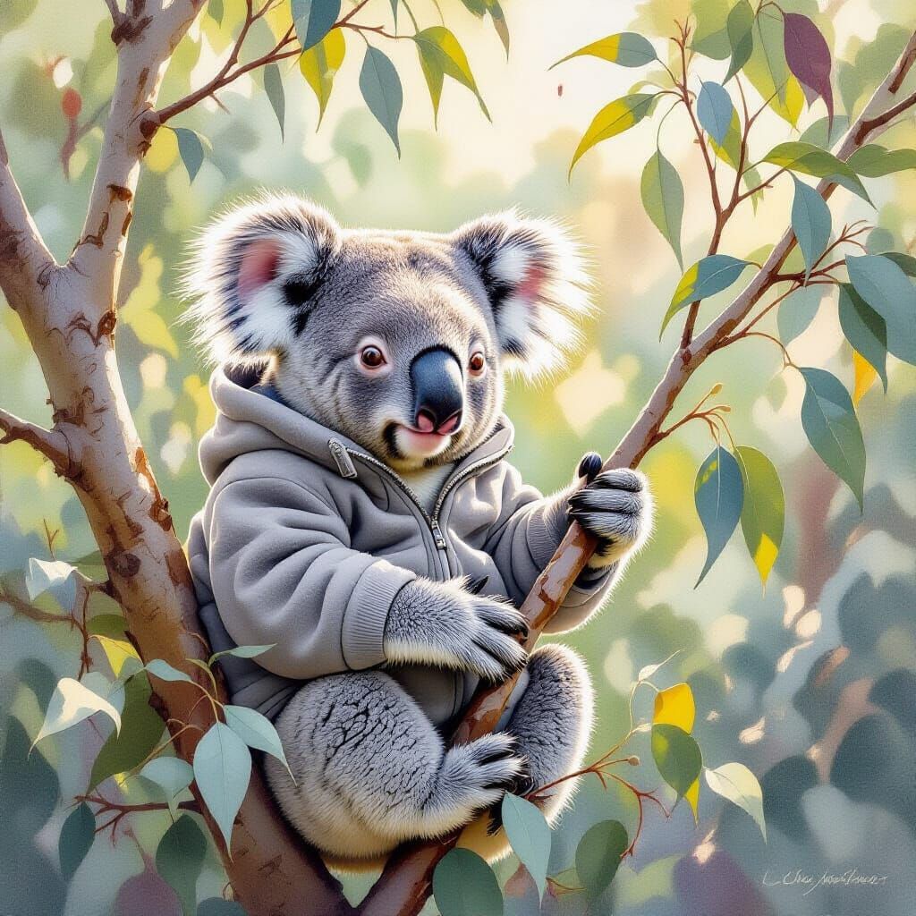 Koala in Fleece Jacket in Watercolor Style