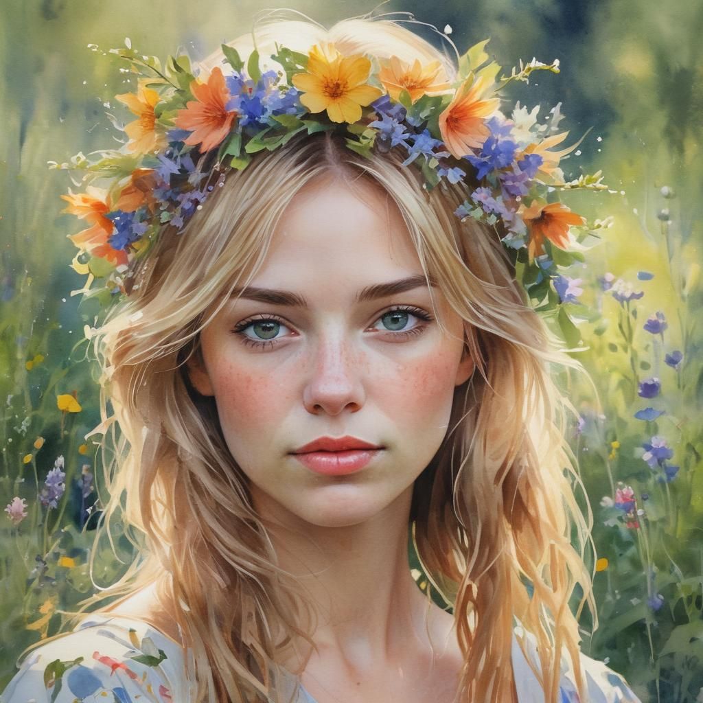 Watercolor Portrait of Woman with Wildflower Wreath
