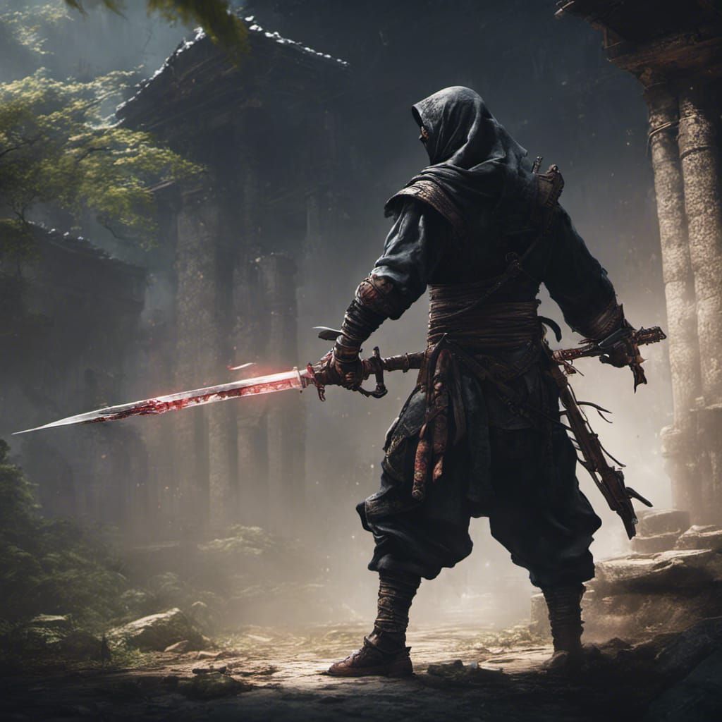 Ninja Stalks Target in Shadows: Dark Fantasy Art